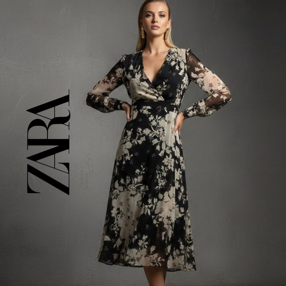 ZARA Floral Chiffon Midi Dress XS - Black Cream Boho Wedding Guest Romantic